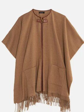 New w/o Tags Ralph Lauren Camel Brown Fringe Poncho Cape with Equestrian Buckle